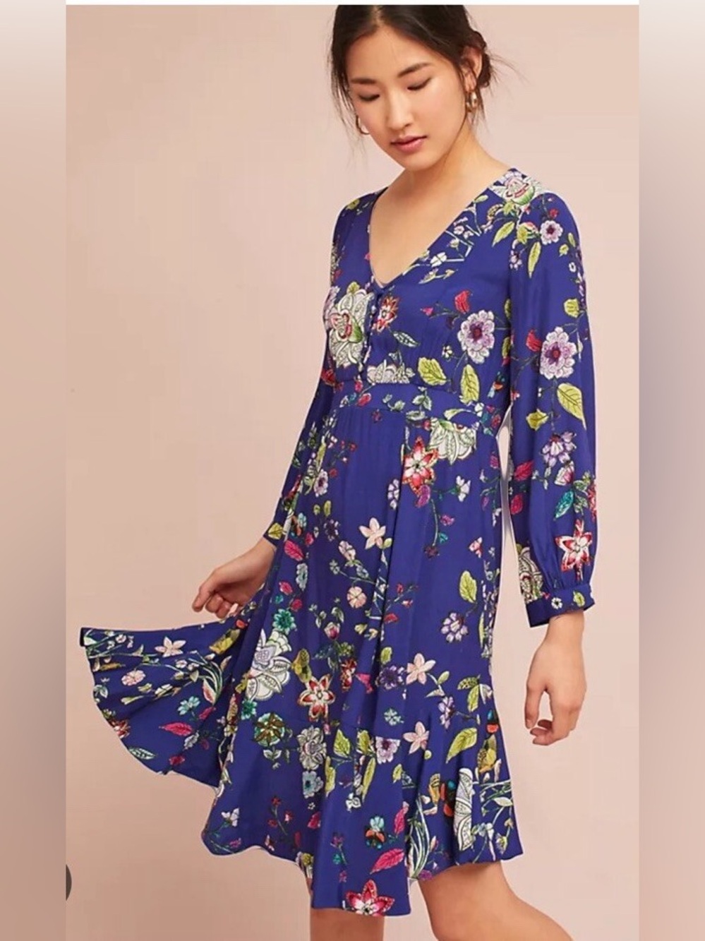 Maeve Royal Blue Floral V-Neck Long Sleeve Dress